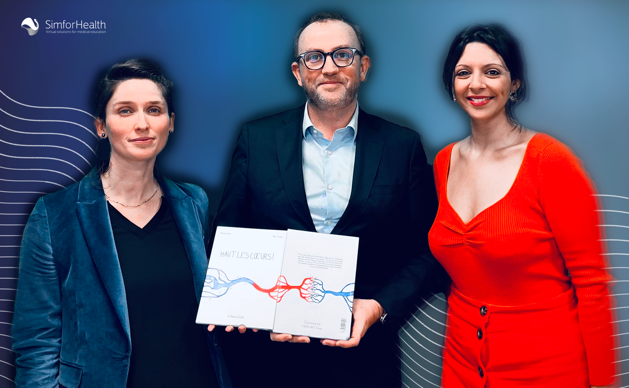 Rare Disease Day - Photo d"Emanuelle Gouot, Jérome Leleu et Marianne Lahana avec dans les mains de Jérôme le livre "Haut les coeurs !"Écrit par Marianne